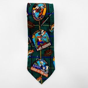 Disney Tie 100% Silk Mickey Mouse Goofy Donald Duck Hunt Fish Hike Vintage 90s